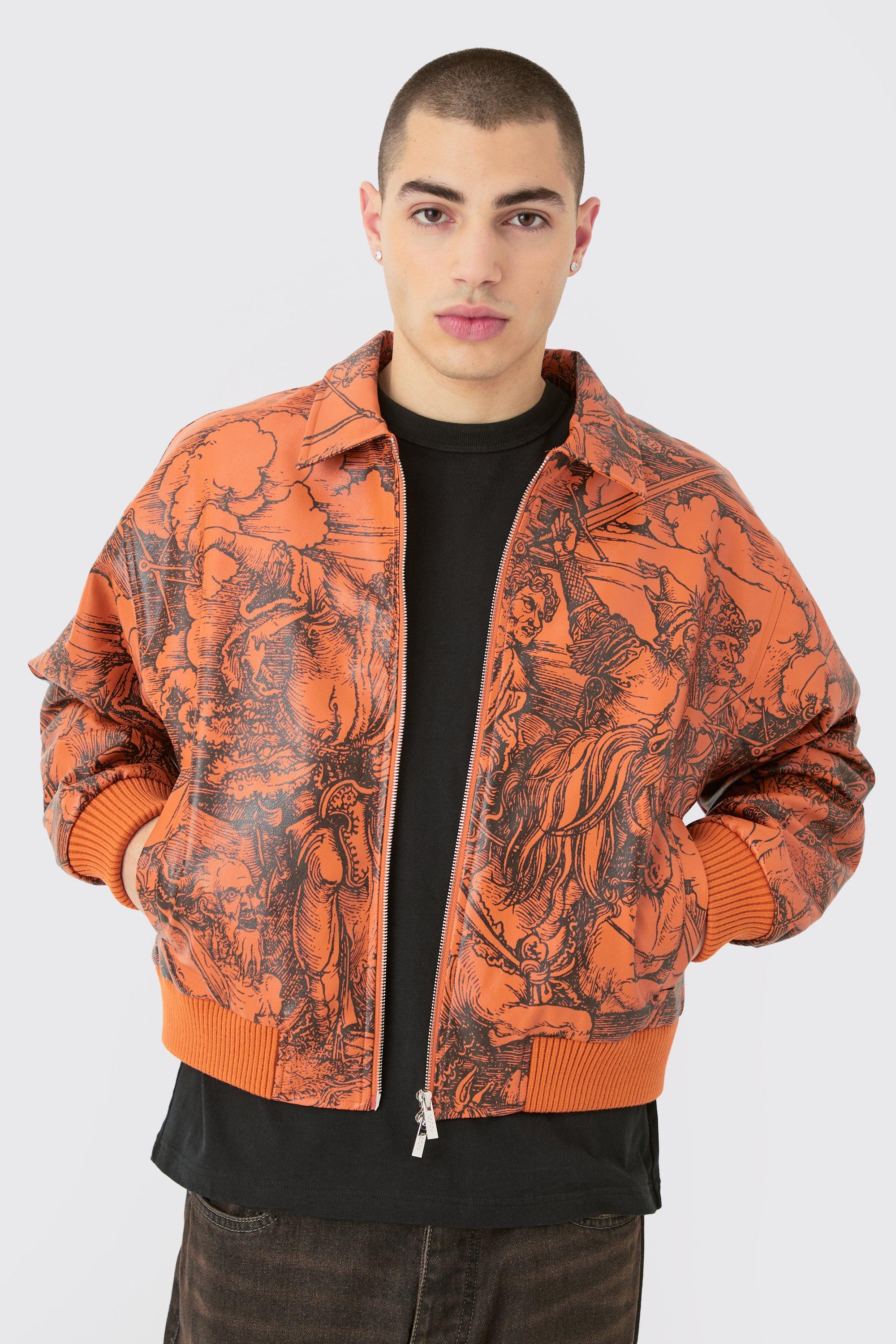 Boxy Printed Pu Collared Bomber | boohooMAN USA